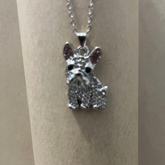 French Bulldog Silver Crystal Pendant Necklace - Pink Ear Accents display case - Picture 4 of 10